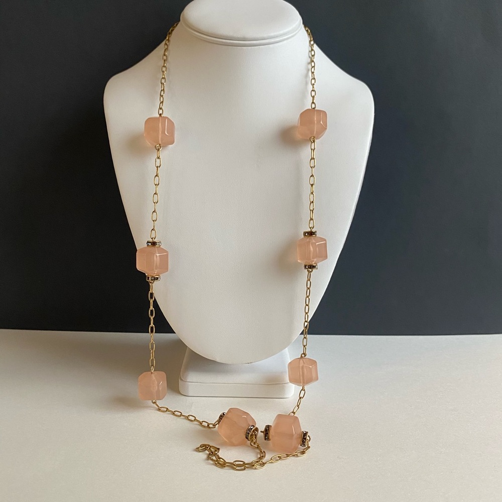 J Crew long hanging gold chain and pink stones